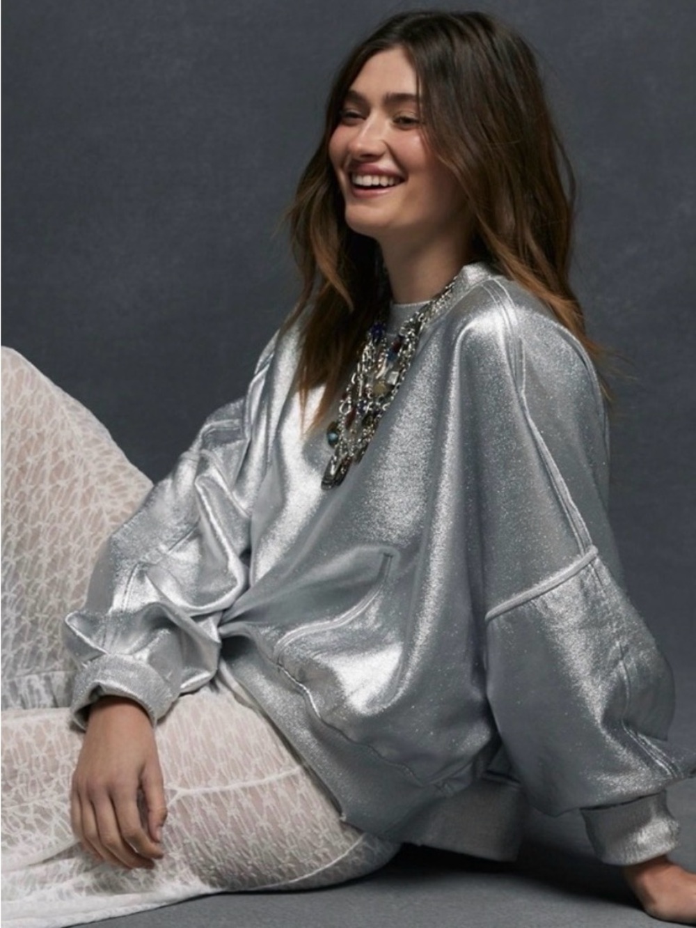 Free People Silver Metallic Oversized Pullover Sweatshirt (NWT)